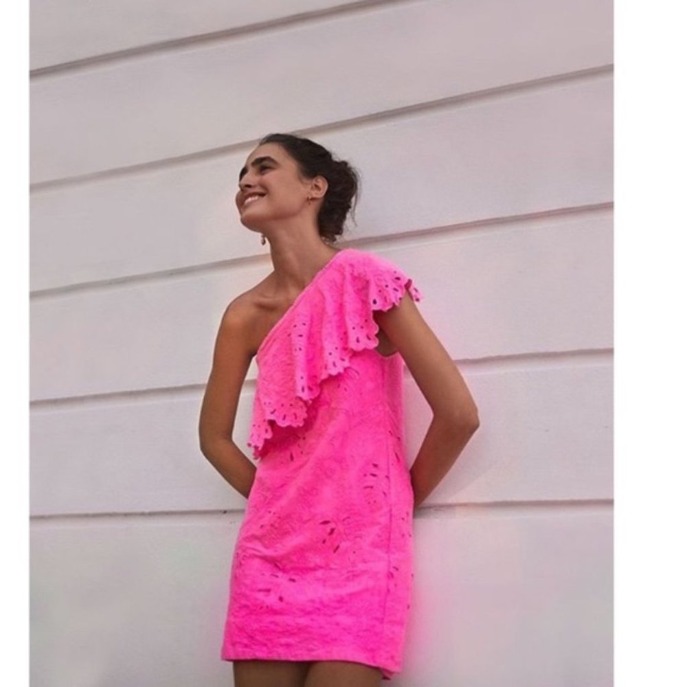 Farm Rio Neon Eyelet One Shoulder Mini Dress NWT